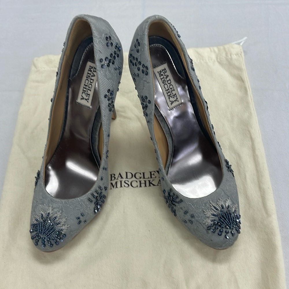 Badgley Mischka Light Blue Beaded Embellished Pointed-Toe Heels